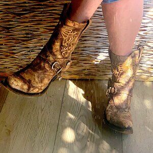 Gianni Barbato Italian Couture Western Harness Boots Hand-Distressed Gold Patina